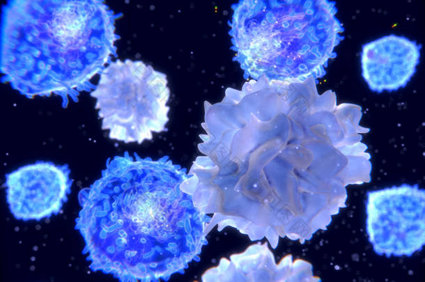 T 淋巴细胞和树突状细胞, 3d 渲染;树突状细胞是免疫系统的<strong>抗原</strong>表达细胞。他们处理<strong>抗原</strong>材料, 并将其呈现在细胞表面的 t 细胞。插图