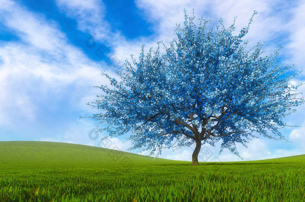 盛开的超现实的蓝色樱花树
