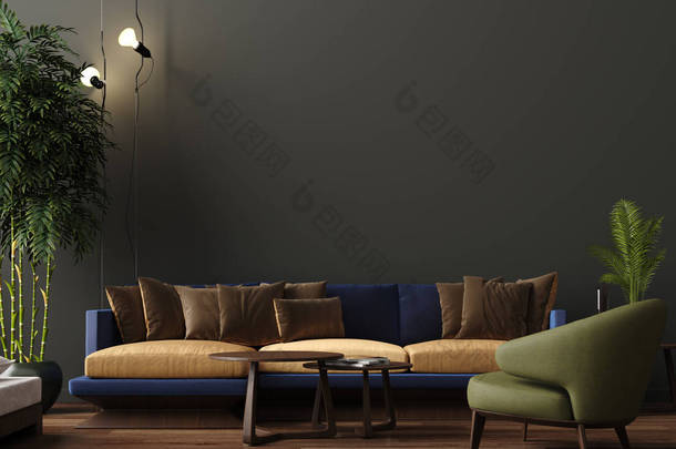 豪华现代客厅内部, 深绿色棕色墙壁, <strong>现代沙发</strong>与扶手椅和植物, 3d 渲染