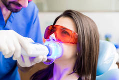 牙科诊所女患者用 Uv 灯美白牙齿的特写镜头