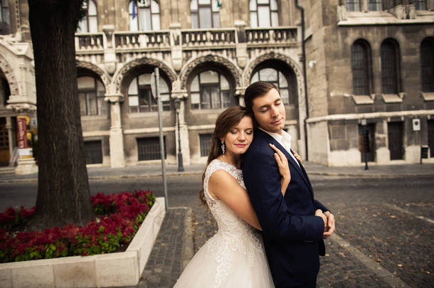 新娘和新郎在老城<strong>的</strong>街道上拥抱。在恋爱中为夫妻。布达佩斯<strong>的</strong>杂草