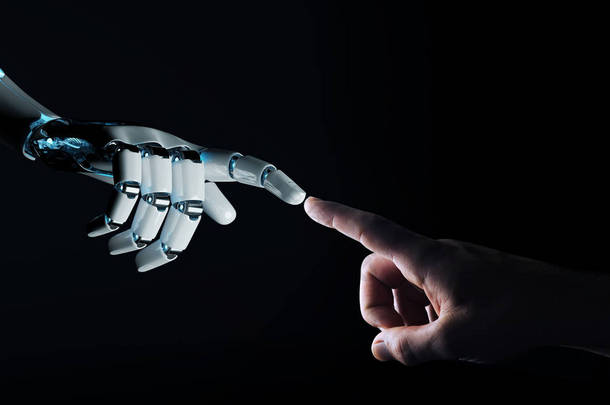 机器人手与人的手接触在黑暗的背景3d
