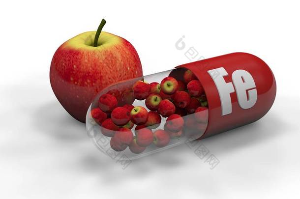 带铁的胶囊的3d插图。在胶囊里有很多苹果和一个红色的大苹果就在附近。在白色背景上隔离的图像。健康食品和药物的概念。3d 渲染