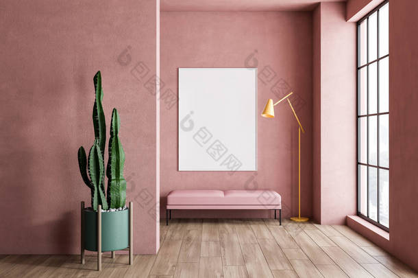 带长凳、植物和海报的粉红色客厅