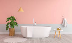 粉红色浴室内部浴缸，3D 渲染