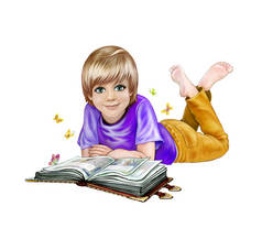 孩子蓝眼睛读童话,美丽的金发男孩与打开书,神奇的童年,孤立的字符在白色背景