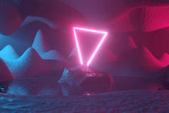 发光的霓虹灯三角形，门户，大门背景的红蓝色抽象梦幻般的景观。3d 渲染