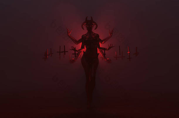 黑色诱人的多臂魔鬼妇女与向上向下浮动十字架抽象恶魔在雾虚前视图 3D 插图 3D 渲染