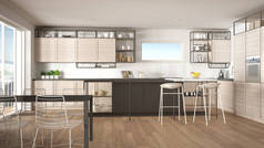 顶层简约的厨房室内设计，带张有花边和地毯的休息室，餐桌，带凳子的岛屿，镶木地板。现代现代白色和灰色建筑概念