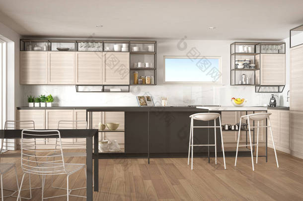 <strong>顶层</strong>简约的厨房室内<strong>设计</strong>，带张有花边和地毯的休息室，餐桌，带凳子的岛屿，镶木地板。现代现代白色和灰色建筑概念