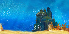 卡通水下海洋或海洋场景与城堡 - 儿童插图