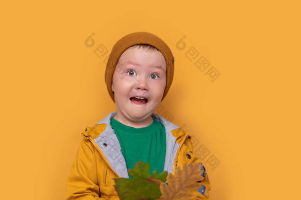 惊讶的男孩因为秋天已经来了。手拿黄叶的婴儿。季节性时尚。秋天的衣服。儿童时尚。叶秋天。男孩在金色的小包，橙色帽子