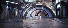 城市复古未来主义背滴隧道背景与霓虹灯口音。新诺尔风格 3D 渲染.
