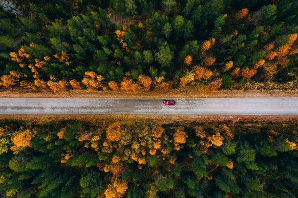 芬兰农村黄橙秋林农村道路的空中景观.