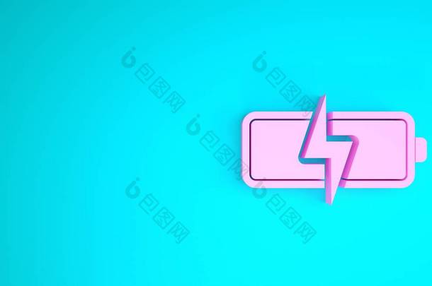 粉色电池图标隔离在蓝色背景。闪电的象征。最低纲领的概念。3D渲染3D插图