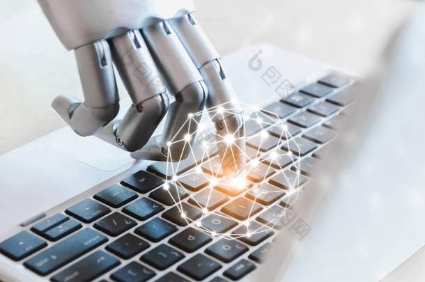 机器人的手和手指指向技术笔记本电脑按钮顾问聊天机器人人工智能的概念