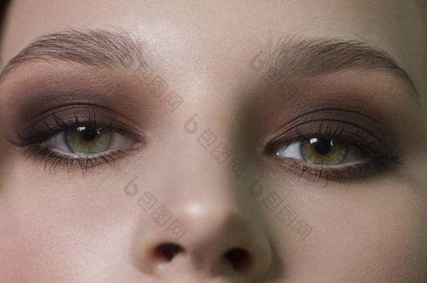 优雅的经典暗棕色烟熏化妆的女性的眼睛的特写镜头。宏的女人的脸部分镜头。美容、 化妆品和化妆.