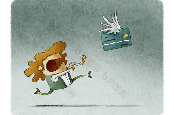 女人在飞走的有翅膀的<strong>信用卡</strong>后面跑.