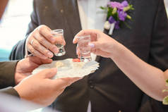 父母们用面包和盐向新娘和新郎打招呼。Vodka也戴着眼镜