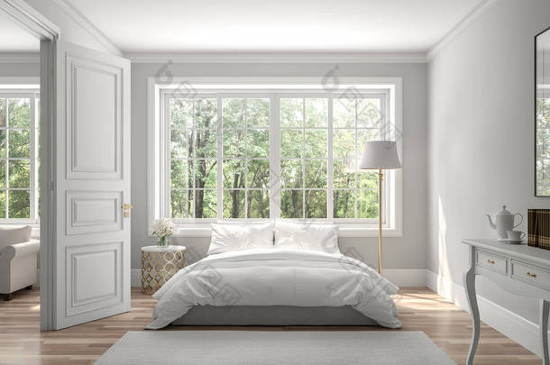 经典卧房和客厅3D渲染，房间里有木地板和灰色的墙壁，装饰着白色和金色的家具，还有向外看自然景观的大窗户.