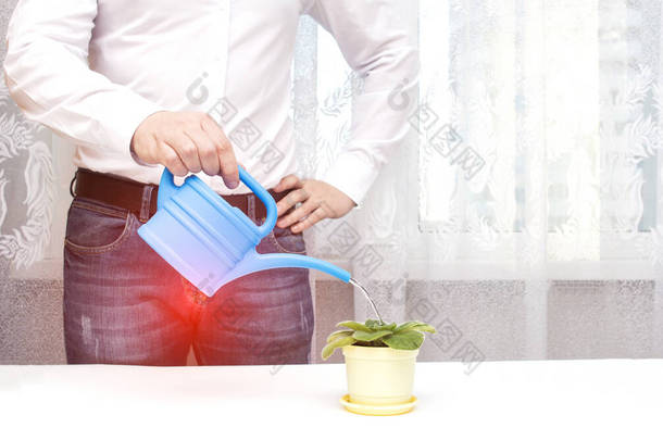 A male office worker is watering a flower from a watering can in the office, a red spot in the groin