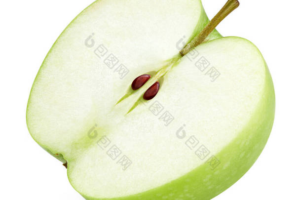 One ripe green apple slice isolated on white