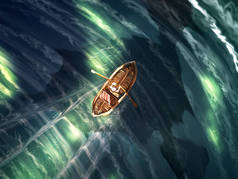 艺术化的3D插图，描绘了一个在海里漂浮的男人的头像