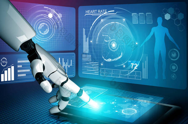 三维渲染医疗人工智能机器人工作在未来的医院。用于病人和生物医学技术概念的未来假肢保健.