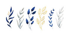 Hand painted watercolor illustration - classic blue and gold leaves