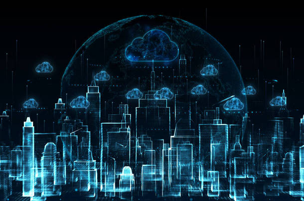 数字城市和云计算采用人工智能，5g高速连接数据分析。数字数据网络连接和全球通信背景.