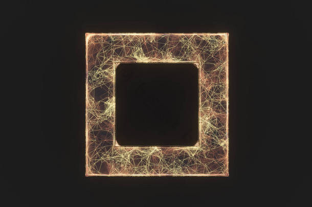 金色的抽象线条和水晶，黑色背景，3D渲染。计算机数字绘图.