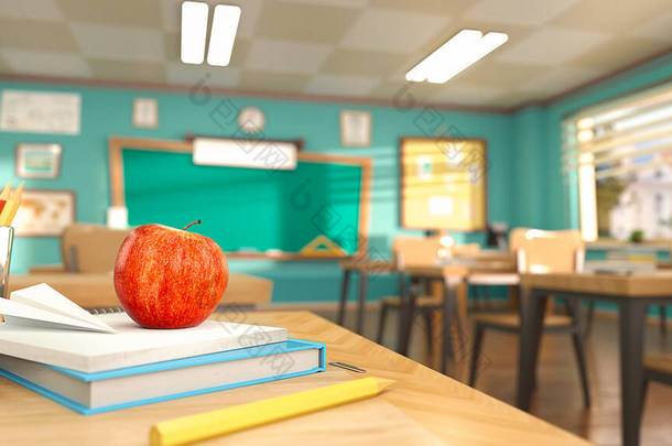 <strong>卡通</strong>风格的学校元素- -书、笔、铅笔和红苹果放在空荡荡的教室桌子上。3D渲染插图。在没有人的情况下返回学校设计模板.