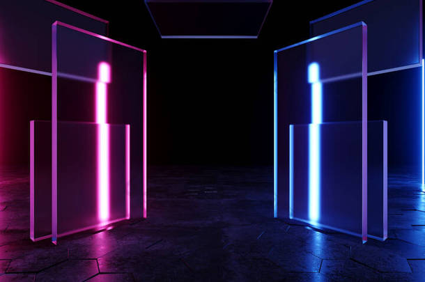 科幻未来现代优雅的深紫色舞台紫色浅蓝色发光玻璃面板网络背景透明激光光束支柱时尚混凝土曲柄湿地板3D渲染图解