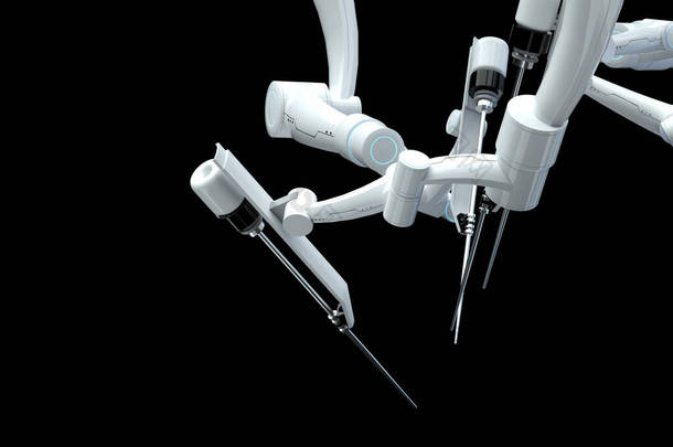 机器人外科医生，机器人设备，在黑暗背景下隔离的机械手。技术，医学的未来，外科。3D渲染，3D插图