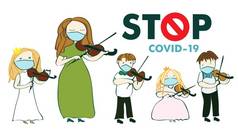 Covid 19, coronovirus, teacher and young children violinists play the violin on a white background, 