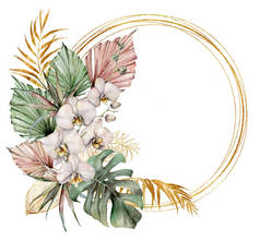 水彩斑斓的金框,有兰花、海葵和棕榈叶.手绘热带卡片,花朵和枝条与白色背景隔离.用于设计、印刷或背景的植物图解.