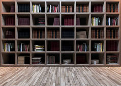现代图书馆设计，木制书架与木制花篮现实三维渲染