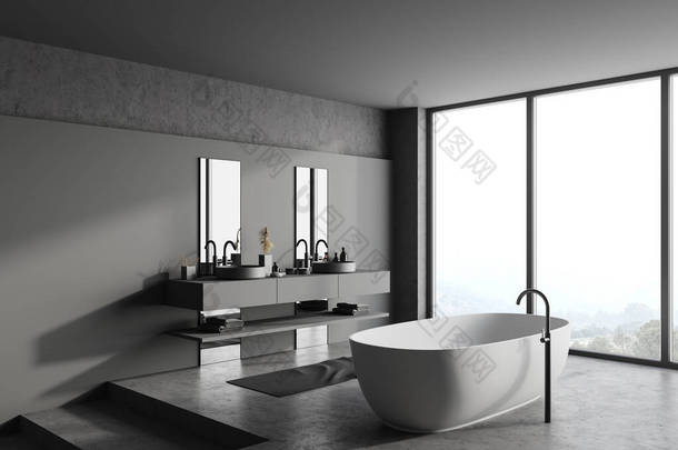 全景浴室的拐角处，有灰色和石墙，石板地面，舒适的浴缸，灰色台面上的双水池和山景朦胧的窗户。3d渲染