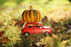 秋天的概念。感恩节。例如：红色装饰汽车载着一个橙色的南瓜