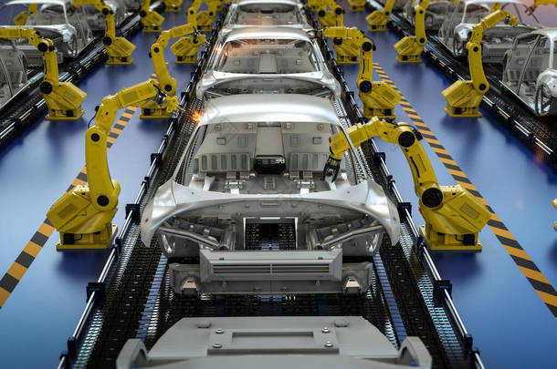 汽车制造厂三维渲染机器人装配线自动化汽车制造厂的概念
