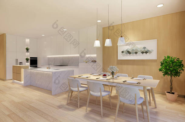 3D渲染。室内装潢现代开放式厨房生活空间阁楼式双面公寓住宅室内装潢豪华室内设计.