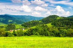 山景。贝斯基山草原和森林全景。波兰喀尔巴阡山脉景观。背景中的Lomnica Zdroj村