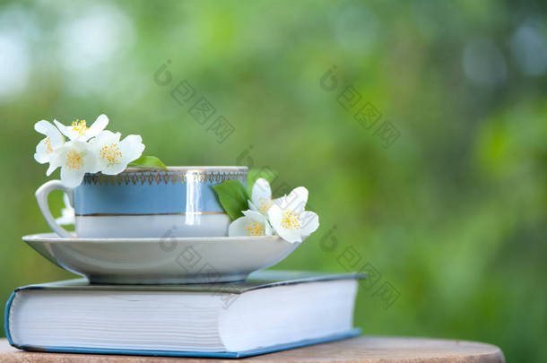 美丽的夏日作曲，一杯茶、一本书和茉莉花，衬托出自然的绿色背景，一个美好的早晨、夏日的心情、快乐的概念