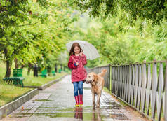 小女孩和狗在雨中散步