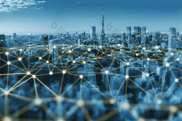 智能城市的现代创新通信与互联网络相互连接。5G无线数字连接与物联网的概念.