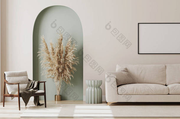 客厅内的米色墙壁上的空<strong>画框</strong>，配有现代家具，<strong>装饰</strong>绿色拱门，有时髦的干花，白色沙发和扶手椅，3D渲染