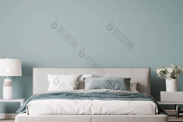奢华明亮的居室设计，现代白色的床和雅致的家居饰物在<strong>淡蓝</strong>色的墙壁<strong>背景</strong>，3D渲染