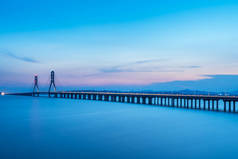 黄昏时分斜拉桥、波阳湖第二桥，长期暴露，江西省