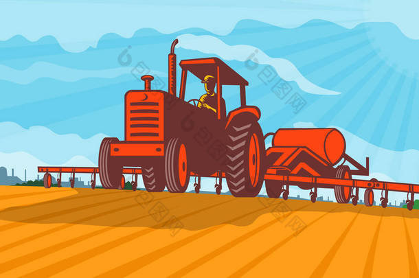 工程项目管理或联邦艺术项目风格中，拖拉机牵引氮气罐喷施化学物在农田中的复古WPA图例.
