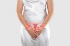 子宫的图解在女人的身体上，在灰色的背景上，女性的解剖概念